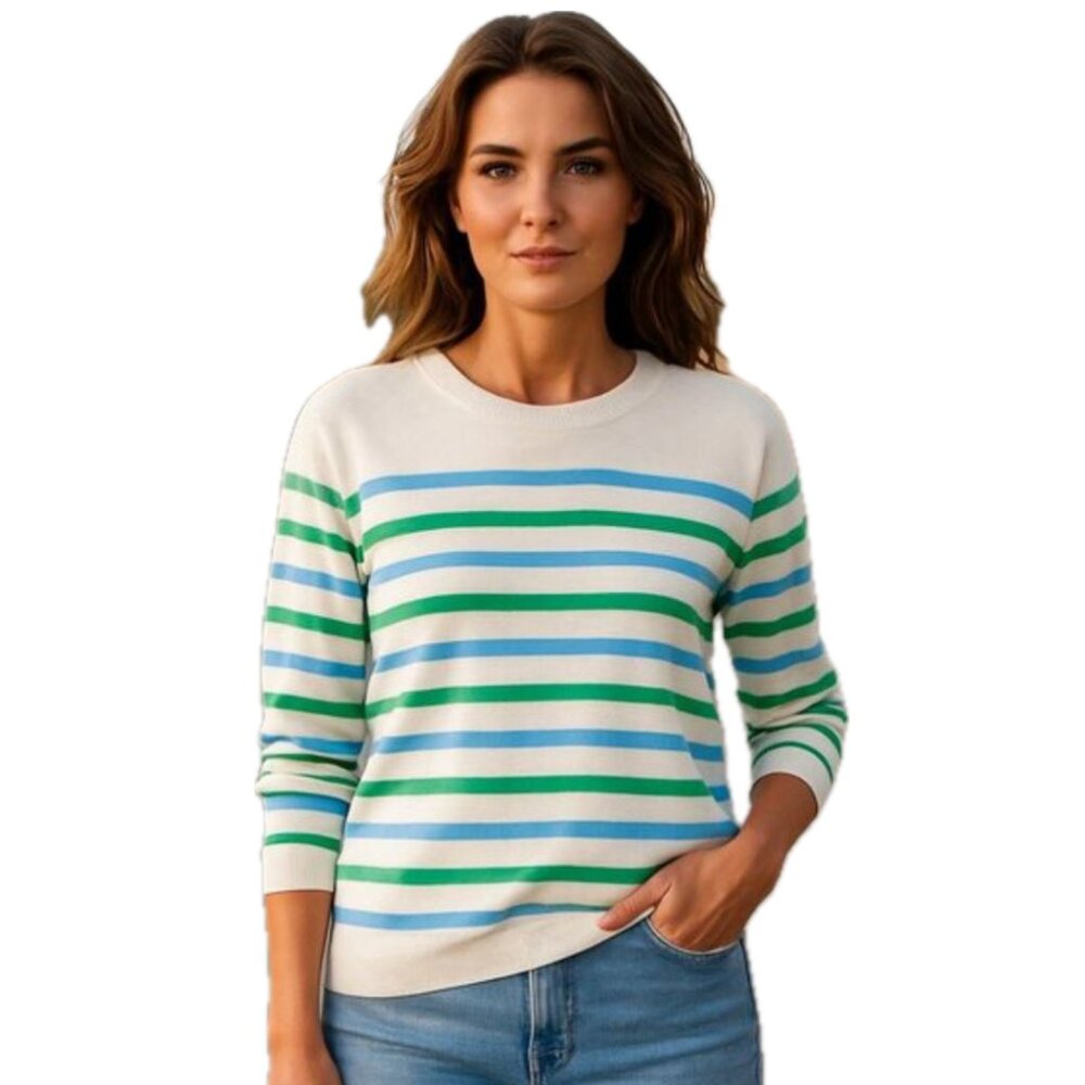 LOFT | Striped Modern Summer Tunic Crew Neck Sweater Cream Blue Green | Small